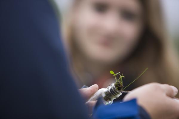 Student looking at bottle with grass sample