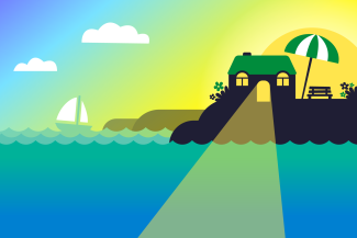 Save on your next YHA stay with hot deals Illustration of a hostel building near the coast in summer