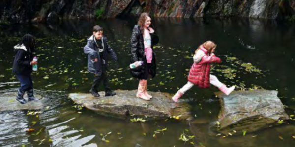 Children crossing a river using stepping stones