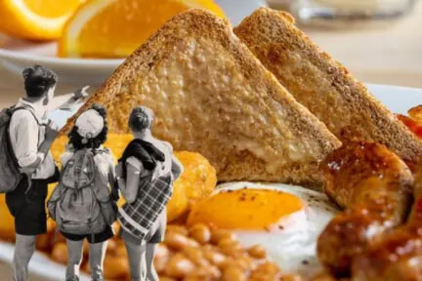 Cooked full English breakfast with illustrated group of people