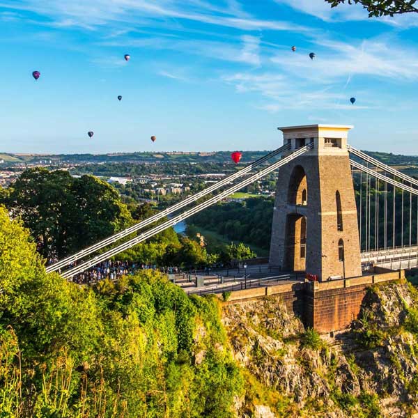 View overlooking the Clifton Suspension Bridge in Bristol, with hot air baloons