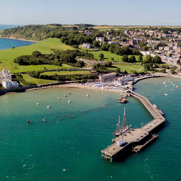 Aerial view of Swanage across the harbour