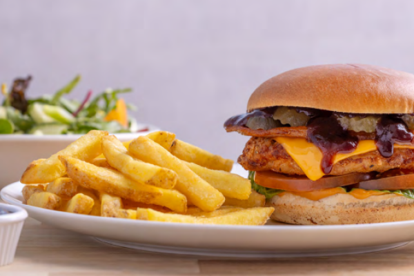 Chicken burger with side salad and chips