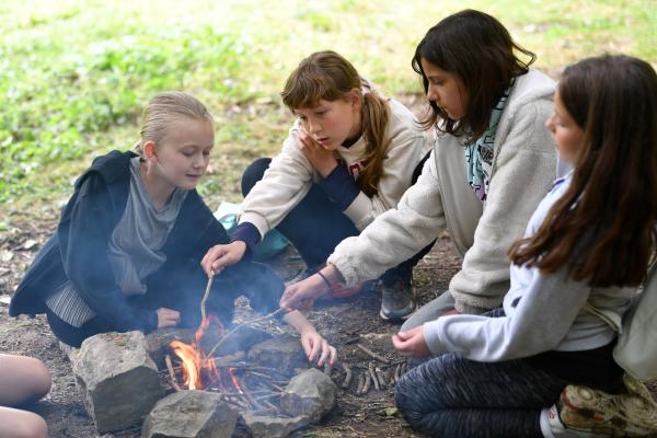 Children building a fire in the woods