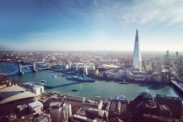 Aerial view of London including the river Thames and the Shard