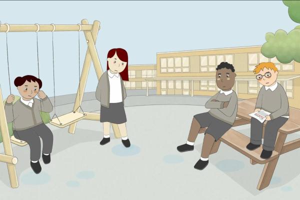 Illustration of children sitting in a playground looking sad