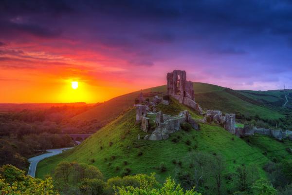 Corfe Castle at sunset
