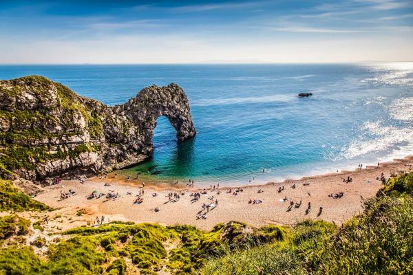 View of Durdle Door in Dorset from the cliff top