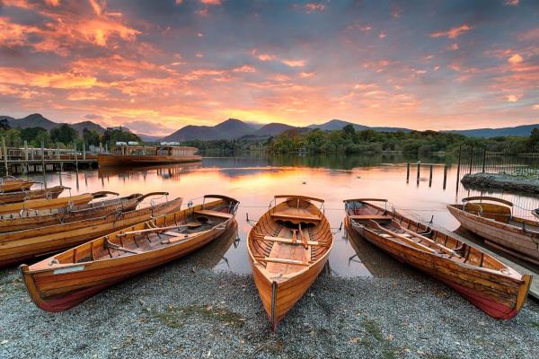 Boats on Derwentwater at Keswick at dusk