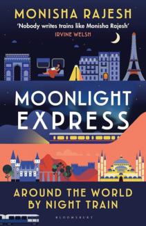 Navy blue and pink book cover of the Moonlight Express by Monisha Rajesh