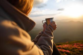 Woman holding mug and watching sunset