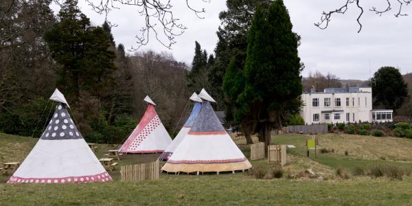 Tipis in a field