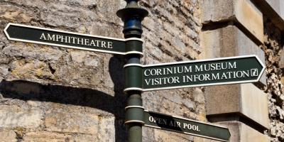 Sign to Corinium Museum and Roman Amphitheatre