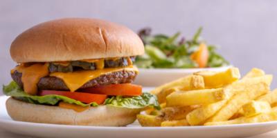 Burger in a bun with chips and salad
