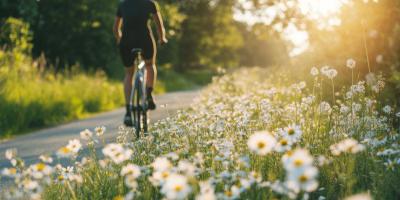 Person cycling along a countryside road with daisies