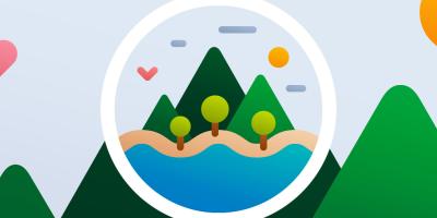 Join YHA's annual Festival of Walking Illustration of countryside scene with hills, trees and a lake