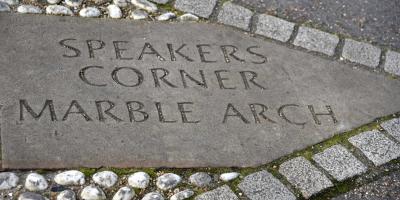 Flagstone engraved with the words Speaker's Corner Marble Arch