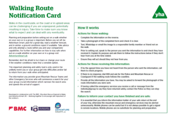 YHA Walking Route Notification Card