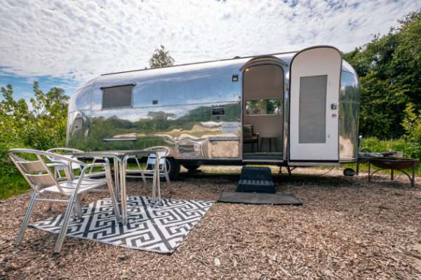 Airstream exterior with seating area