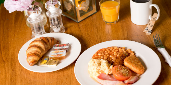 YHA full breakfast with cooked breakfast and croissant 