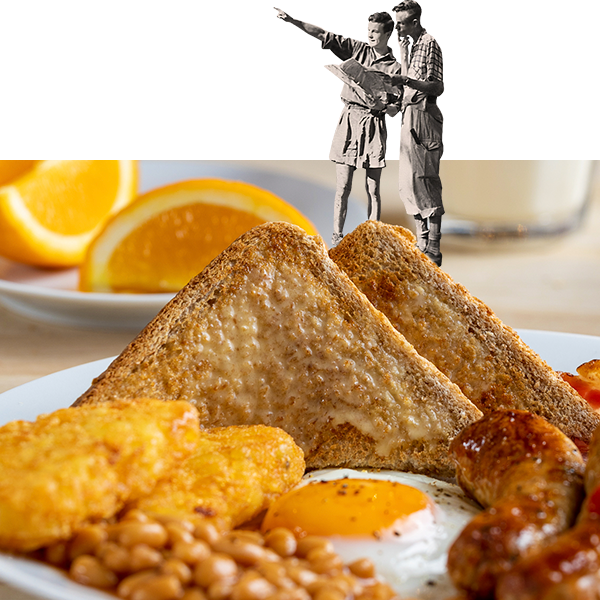 YHA breakfast with breakout imagery of walkers stood on a piece of toast
