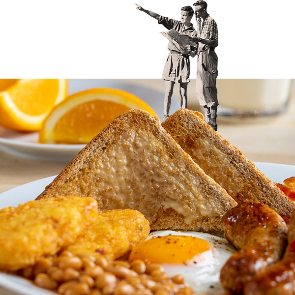 YHA breakfast with breakout imagery of walkers stood on a piece of toast