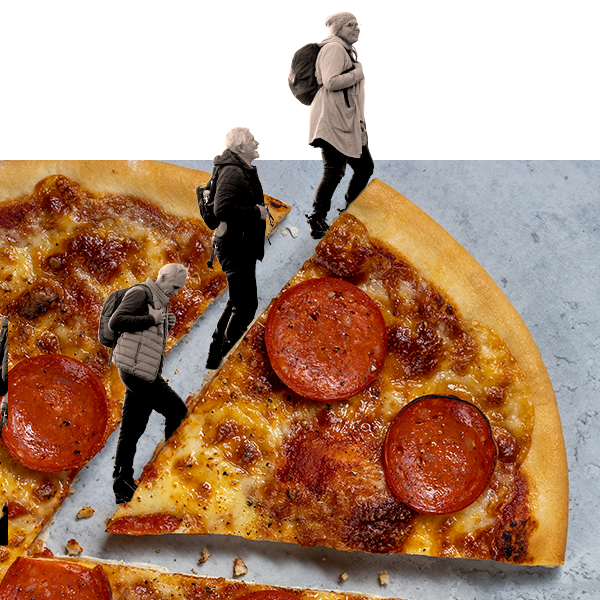 Walking group climbing a slice of pizza