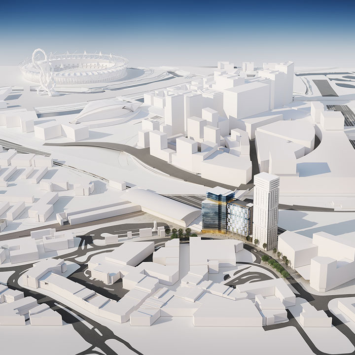 Aerial artists impression of YHA London Stratford 's location