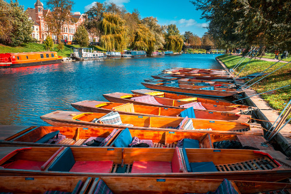 Sunny view of rowing boats on a canal in Cambridge