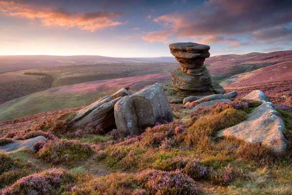 Stones on the Peak District moorland at sunset