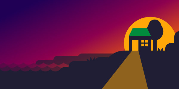 Illustration of a house by the sea at sunset